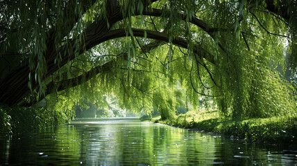 Serene willow tree arching over a serene river, creating a natural canopy.