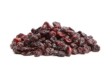 Dried and sweetened cranberries isolated on white background. Dehydrated cranberries: a delightful heap of red berries
