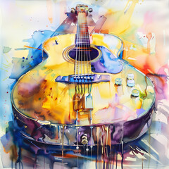 Watercolor Guitar, Vibrant Splash, Artistic Musical Concept