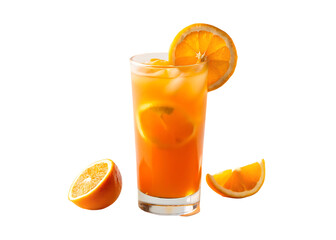 A cup of orange juice with slices orange on transparent background