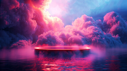 Misty neon podium on the water with dramatic clouds background - obrazy, fototapety, plakaty