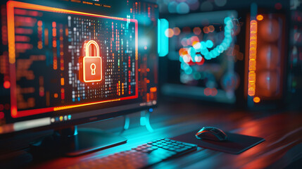 A padlock icon superimposed on a computer screen, representing secure online transactions and data protection High detailed,high resolution,realistic and high quality photo professional photography