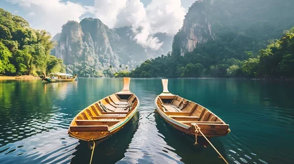 Schilderijen op glas Two boats on a water and beautiful mountain peak on the background © Rosie