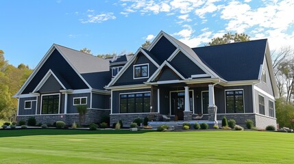 Fototapeta premium Luxury suburban home with a modern design, landscaped lawn, and clear blue sky.