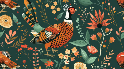 Pheasant animals birds in floral seamless pattern