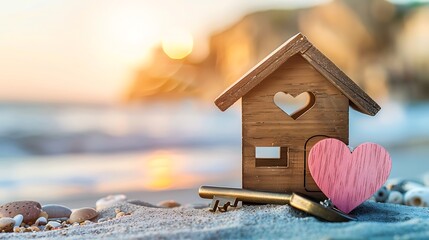 Wooden model house with key and pink wooden heart over blurred beach background