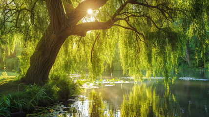 Serene willow tree gracefully draping its branches over a tranquil pond.