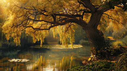 Serene willow tree gracefully draping its branches over a tranquil pond.