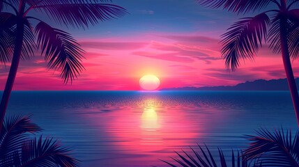 Tropical sunset with palm trees and sea vector illustration background banner design for summer