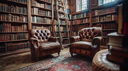 Vintage library room with rich mahogany shelves, leather armchairs, and a rolling ladder, close-up - obrazy, fototapety, plakaty