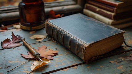 Vintage book with autumn leaves on a rustic wooden table, nostalgic still life. - obrazy, fototapety, plakaty