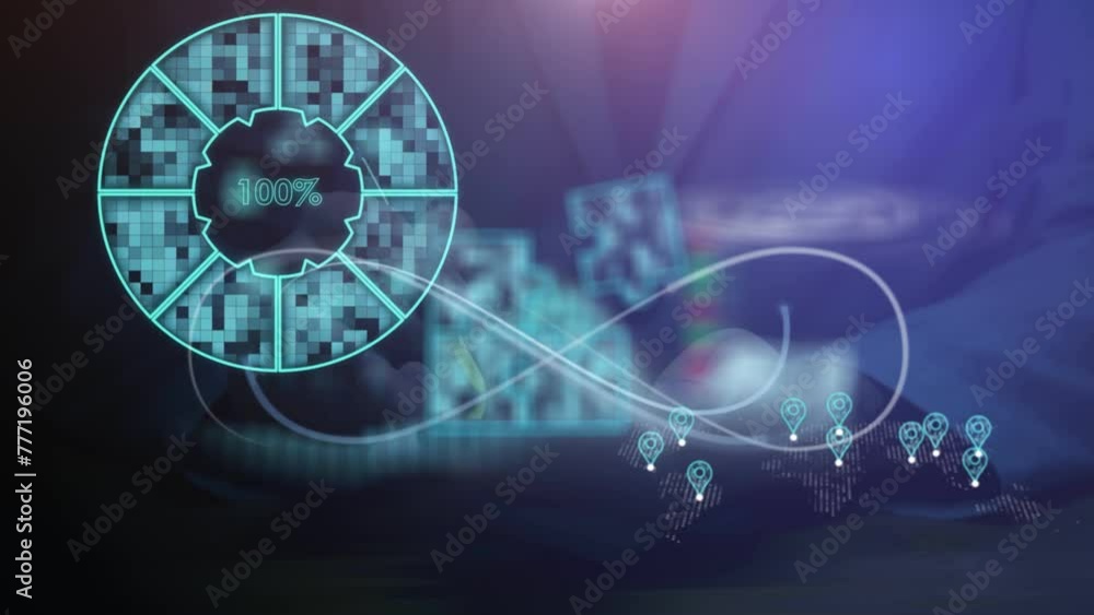 Poster digital animated background with zooming charts and puzzles, graphs with digital indicators against 