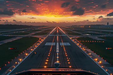 View of a landing runway at sunset through the windscreen of a large aircraft.