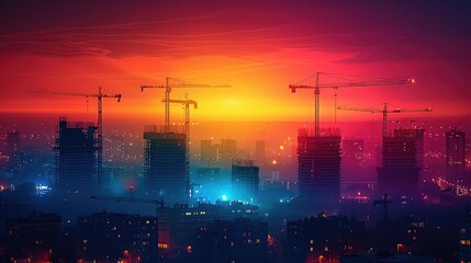 Construction crane, lighting a construction site at night, building a residential building, beautiful night shot of a construction site