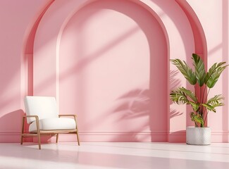 3d rendering of interior design, empty room with pink wall and white floor in modern style