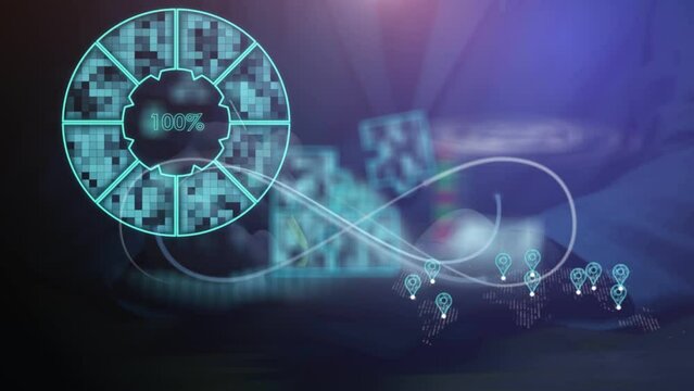 Digital animated background with zooming charts and puzzles, graphs with digital indicators against the background of a businessman silhouette. The concept of financial development and progress. Cg