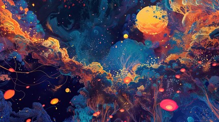 Vibrant abstract cosmic background with colorful nebulae, glowing stars, and a bright moon. - obrazy, fototapety, plakaty