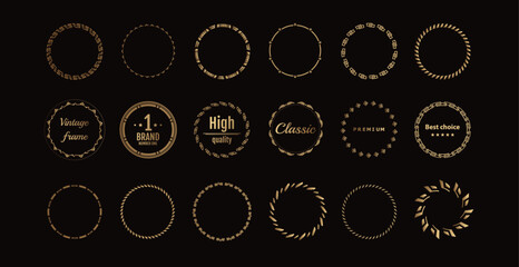 Collection gold labels for promo seals. Vintage sticker with text. Can be used for design certificate. Quality stickers round. Vector retro objects
