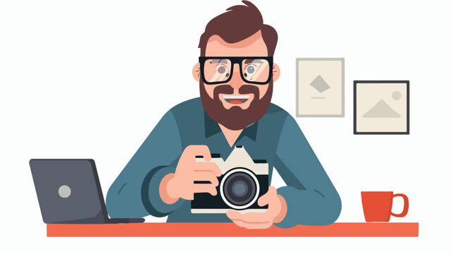 Professional photographer in glasses holding digital