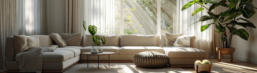 Scandinavian living room with neutral tones, clean lines, and natural light filtering through sheer curtains, super realistic - obrazy, fototapety, plakaty