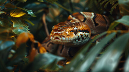 Slithering python camouflaged amongst the foliage.