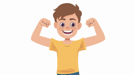 Cartoon happy boy with showing muscle flat vector isolated