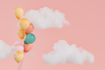 colorful balloons among clouds on a pastel pink background