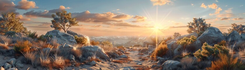 Rugged hiking trail at sunrise, panoramic views, and adventurous spirits, 3D render