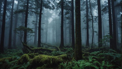 A dense forest shrouded in mist, where ancient trees loom mysteriously.