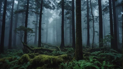 Fototapeten A dense forest shrouded in mist, where ancient trees loom mysteriously. © xKas