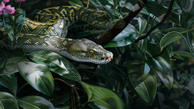 Slithering python camouflaged amongst the foliage.