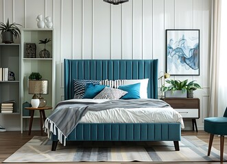 Modern bedroom with a turquoise bed, white walls and striped wallpaper, wooden floor and furniture,...