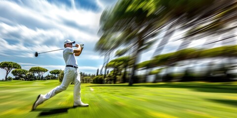 A golfer swinging his club at a golf club in motion - obrazy, fototapety, plakaty