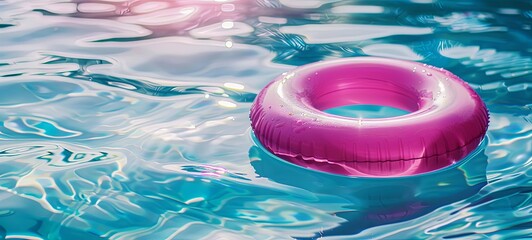 A bright pink circle in a blue pool, a ring floating in a refreshing blue pool where the waves reflect on the bottom. Sunny day by the pool. generative ai - obrazy, fototapety, plakaty