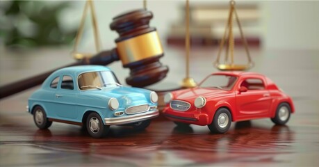 Toy car and judge gavel on clean light background and more empty copy space.  Minimalism. Purchase and sale of the car. The trial Recognition of ownership