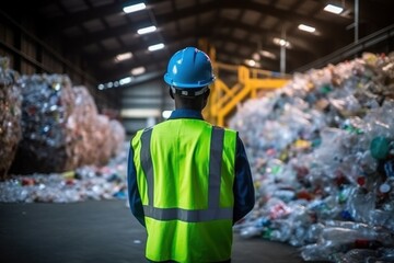 engineer standing and looking back at plastic bottles in recycling industry