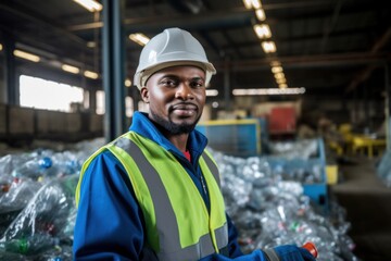 engineer standing and looking back at plastic bottles in recycling industry
