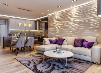 Beautiful modern living room interior with a white sofa, dining table and chairs, 