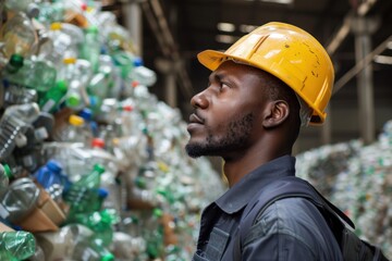 engineer standing and looking back at plastic bottles in recycling industry