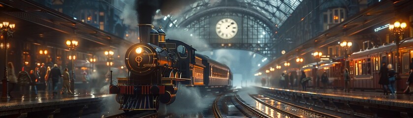 Historic train station with antique clocks, steam locomotives, and excited travelers, 3D render - obrazy, fototapety, plakaty