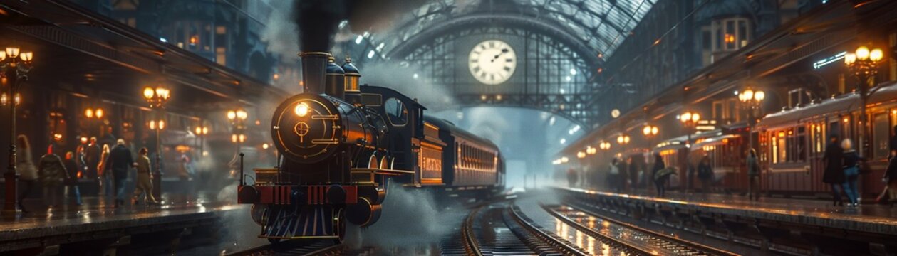Historic train station with antique clocks, steam locomotives, and excited travelers, 3D render