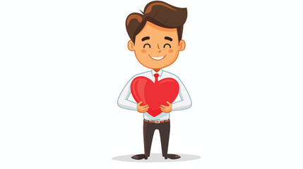 Cartoon happy businessman showing a red heart flat vector