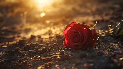 a rose lies on cold ground in backlight - obrazy, fototapety, plakaty