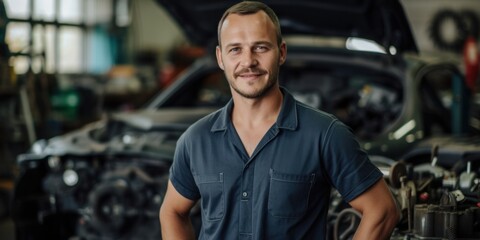 Fototapeta premium Auto mechanic works with broken engine in mechanic or auto repair shop.