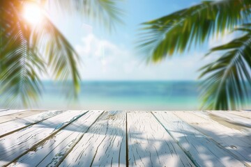 Wooden table top with blurred tropical beach background for product display and summer