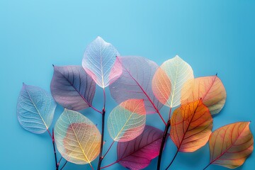 Autumn transparent leaves over blue background