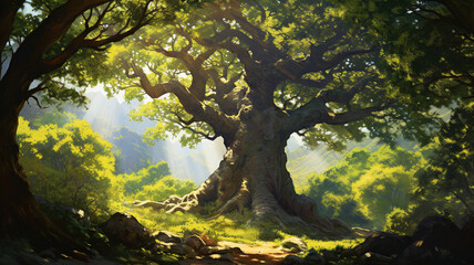 Towering oak tree standing majestically in a sunlit forest.