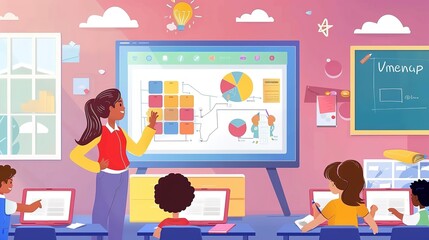 Illustration of a teacher teaching at school in multimedia projector a background for product or advertisement, Generative AI.