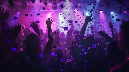 Energetic Crowd Enjoying Live Music at Concert. Lights and Confetti Create a Festive Atmosphere. Unforgettable Night Out. Perfect for Event Promotions. AI