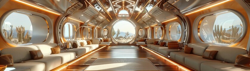 3D visualization of a futuristic train interior with modular seating and panoramic windows, super detailed
